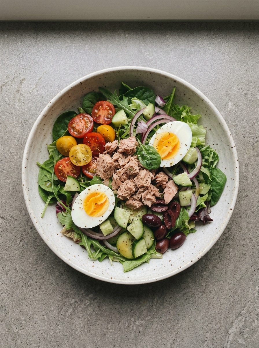 Ensalada mixta con tomate, huevo cocido y atún en un bol ancho sobre una encimera mineral gris, vista desde arriba.