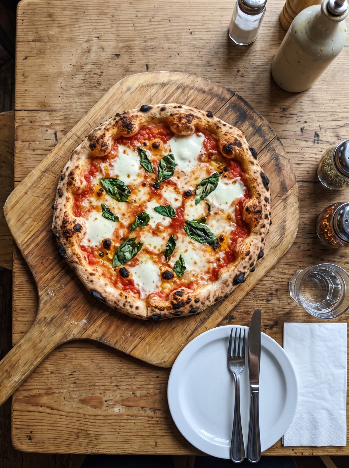 Pizza margherita completa con mozzarella y albahaca sobre una tabla de madera, vista desde arriba.