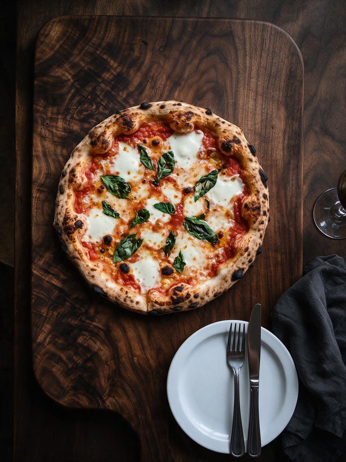 Pizza margherita completa con mozzarella y albahaca sobre una tabla de nogal oscuro, con servilleta de lino, una copa al borde del encuadre y un plato con cubiertos al lado.
